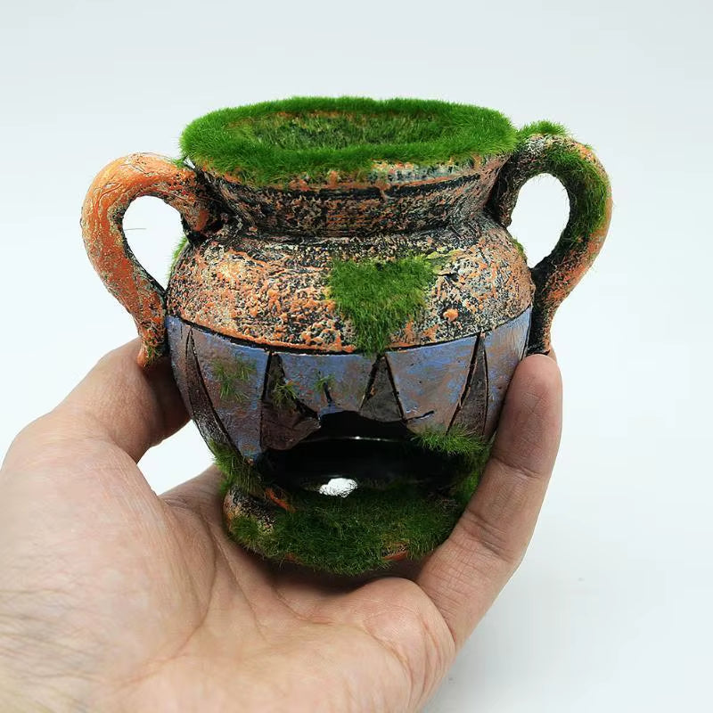 1Pc Resin Vase with Moss Aquarium Decoration Accessories for Fish Shrimp Tank Landscape Ornaments