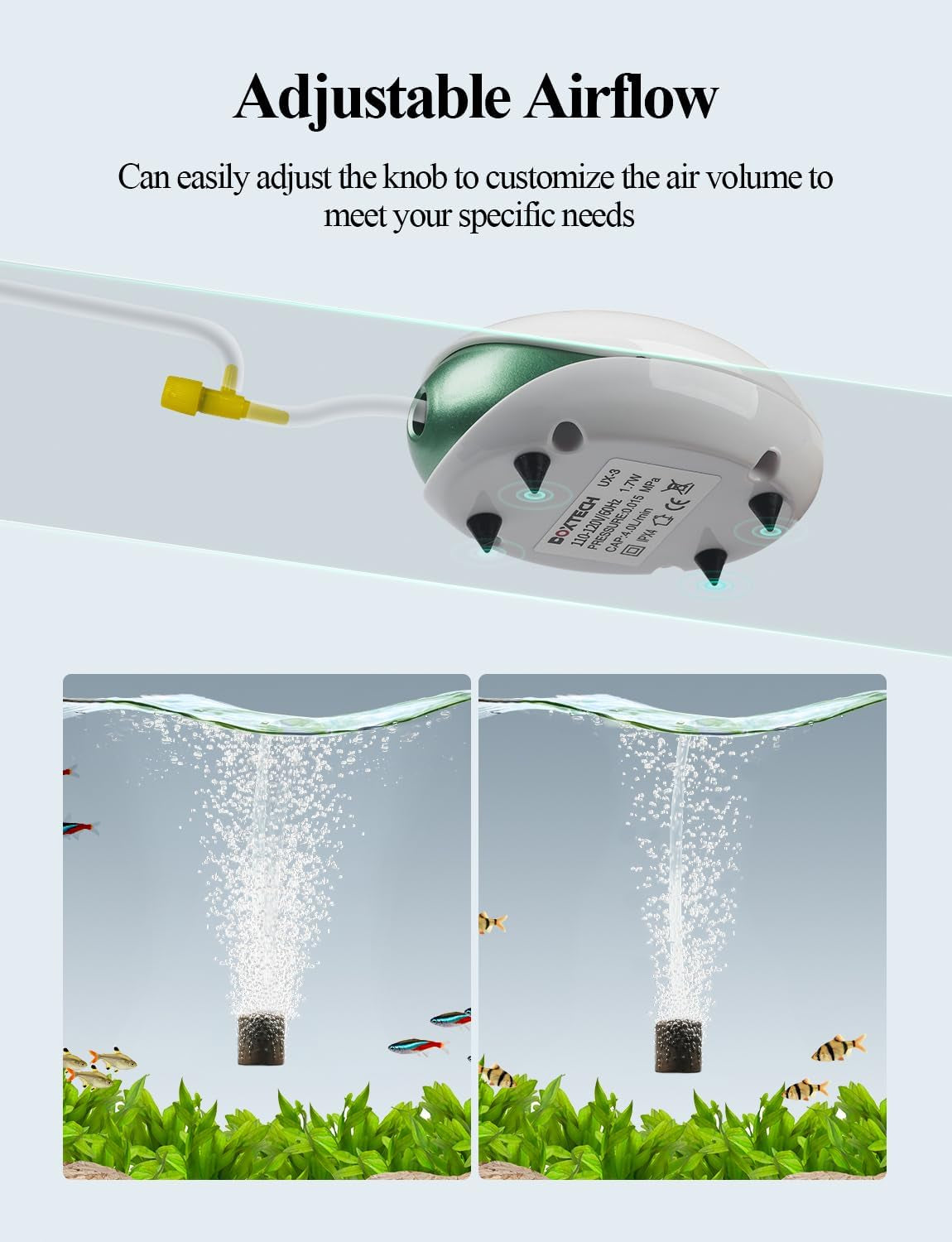 Aquarium Air Pump, Oxygen Fish Air Pump with Adjustable Air Valve, Fish Tank Air Pump with Accessories Tube, Bubble Stone and Check Valve, Tank Aerator Kit