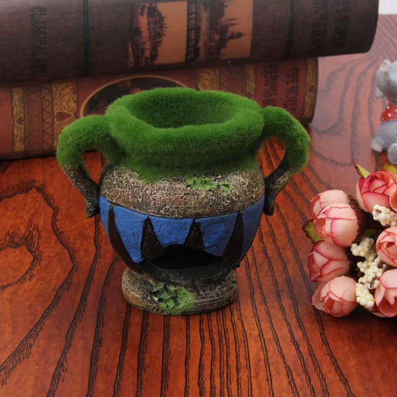 1Pc Resin Vase with Moss Aquarium Decoration Accessories for Fish Shrimp Tank Landscape Ornaments