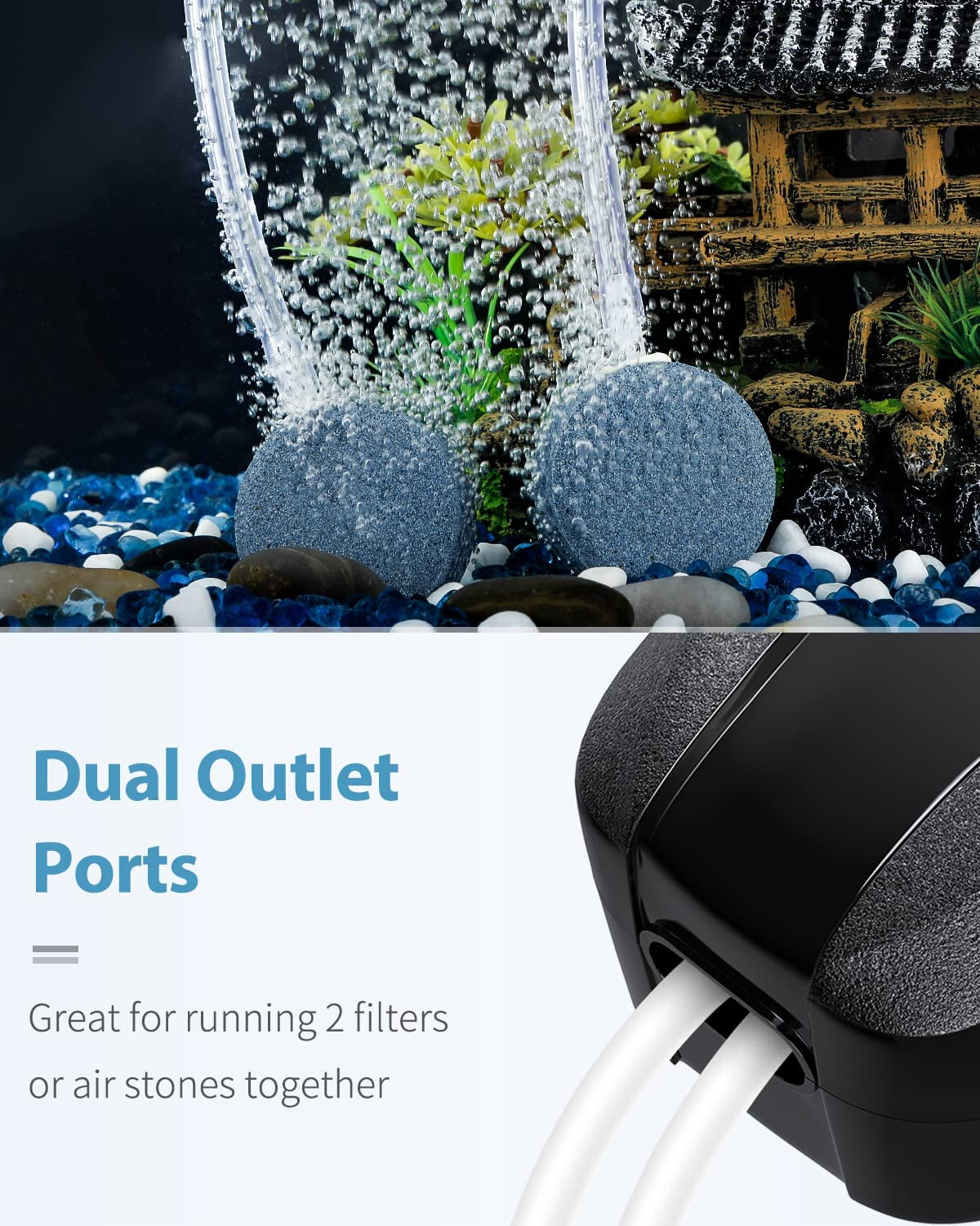 Aquarium Air Pump Dual Outlet Fish Tank Aerator with Accessories for 5-200 Gallon Tank