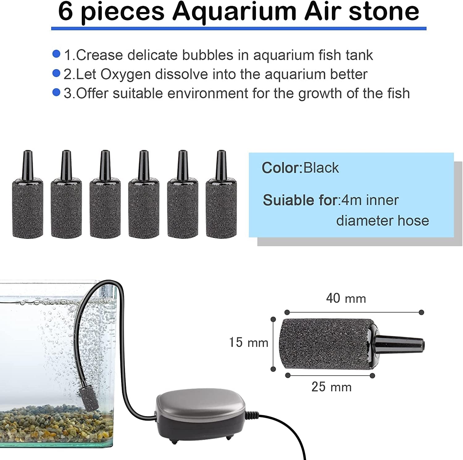 19.68 Feet Black Aquarium Airline Tubing 6 Air Stone for Aquarium 6 Aquarium Check Value for Fish Tank 6 Aquarium Suction Cups 3 Each Aquarium Air Controller and I T Hose Connectors