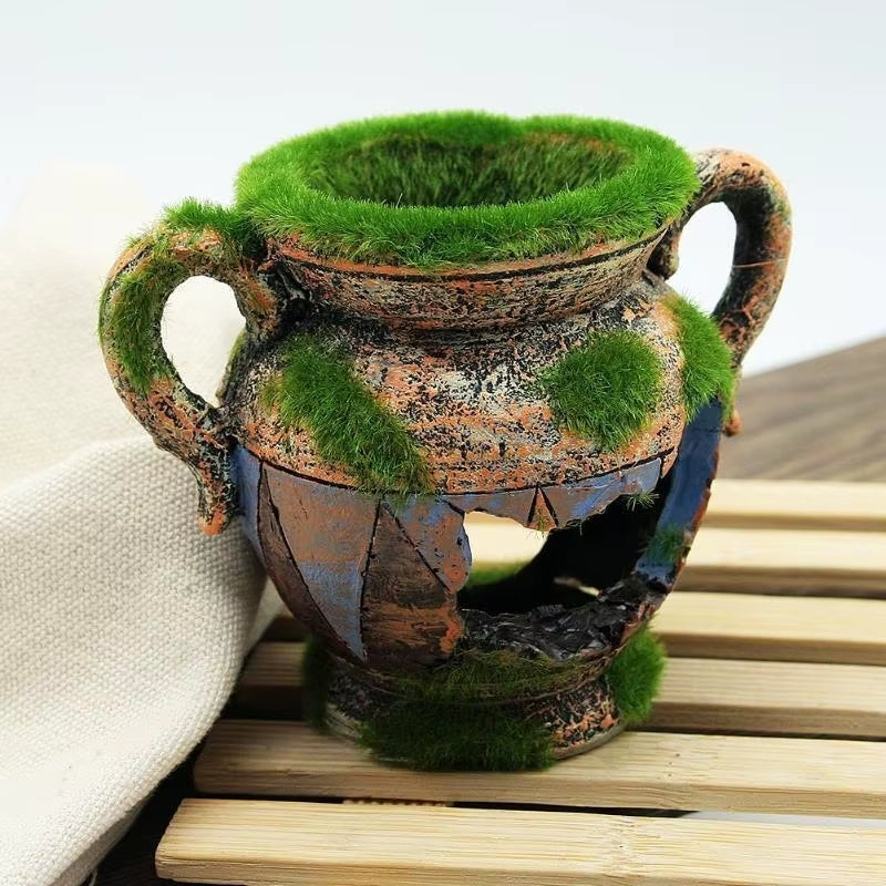 1Pc Resin Vase with Moss Aquarium Decoration Accessories for Fish Shrimp Tank Landscape Ornaments