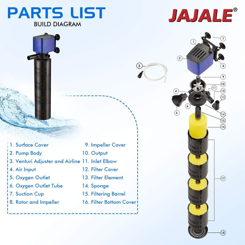 660 GPH Internal Filter Submersible Pump - 3 in 1 Aquarium Fish Tank Pump with Oxygenation, Filtration & Water Cycling, 6.6 Ft Max Lift, 35W