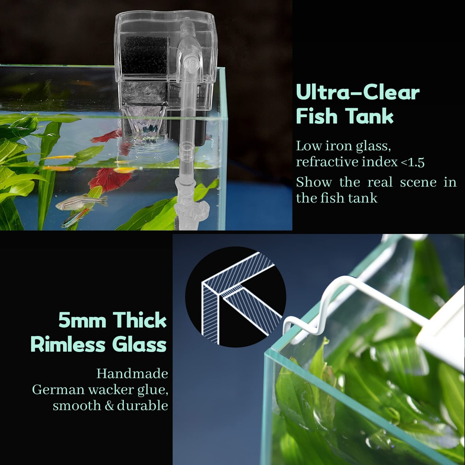3-Gallon Rimless Glass Aquarium Kit – Low Iron Tank with LED & Skimmer