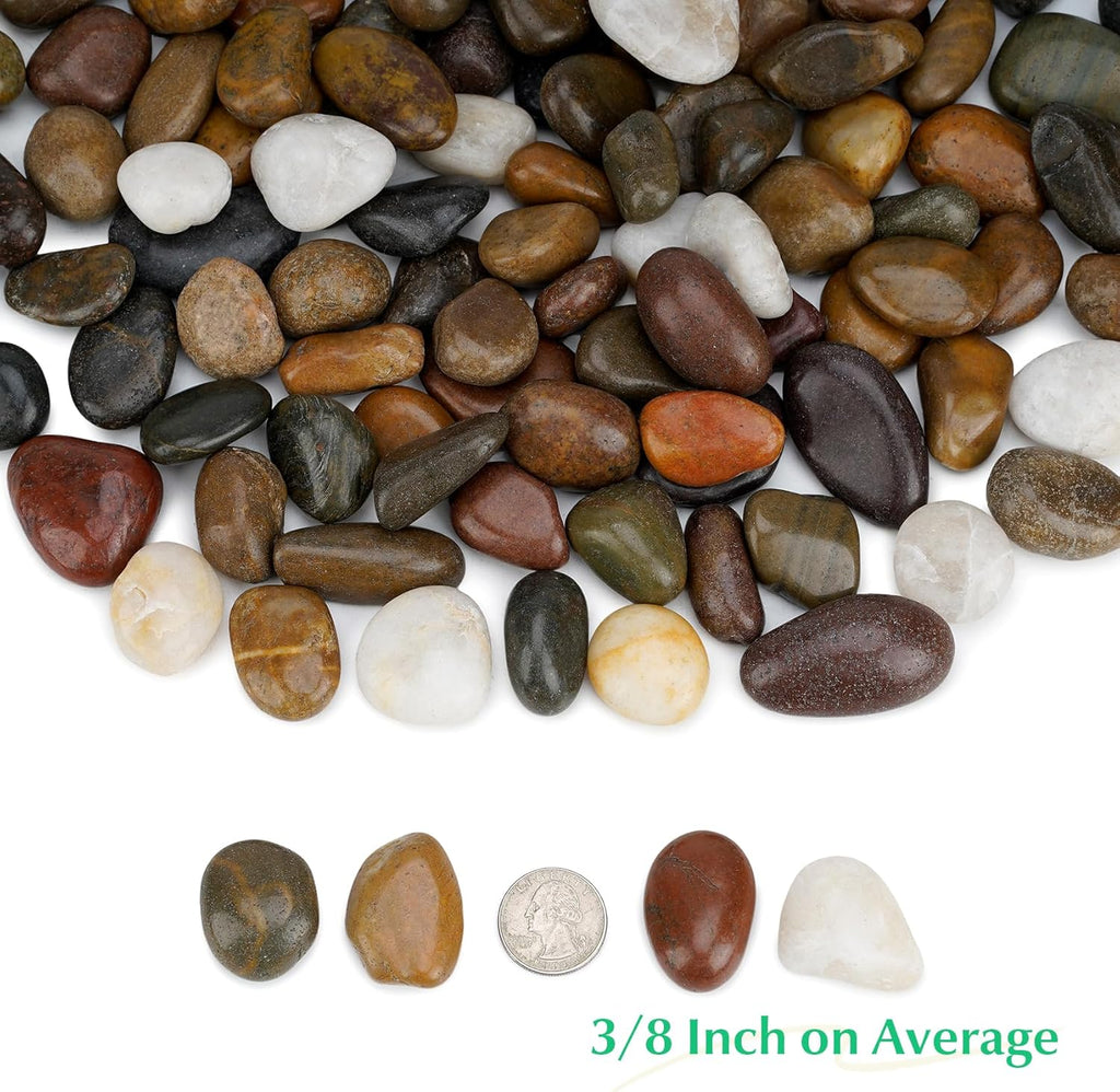 Polished Pebbles, 3/8" Natural Decorative Mixed Color Stones Aquarium Gravel River Rocks for Potted Plants, Landscaping and Home Decor (10-Lb Bag)